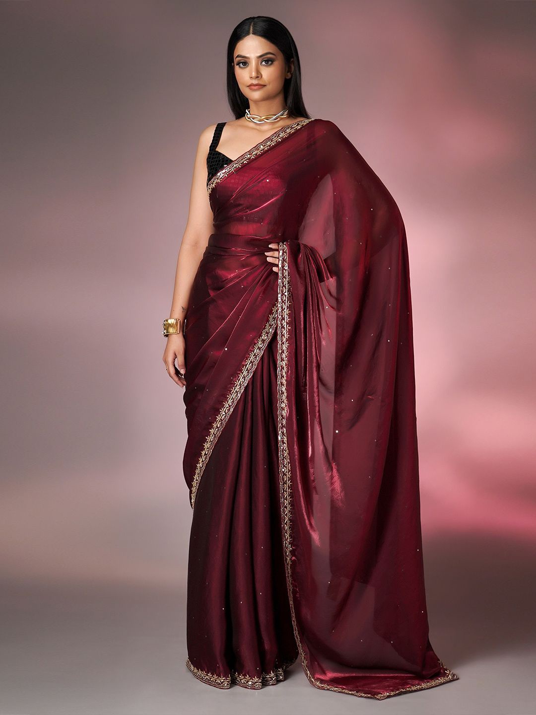 

saree.com Embellished Sequinned Tissue Saree, Maroon