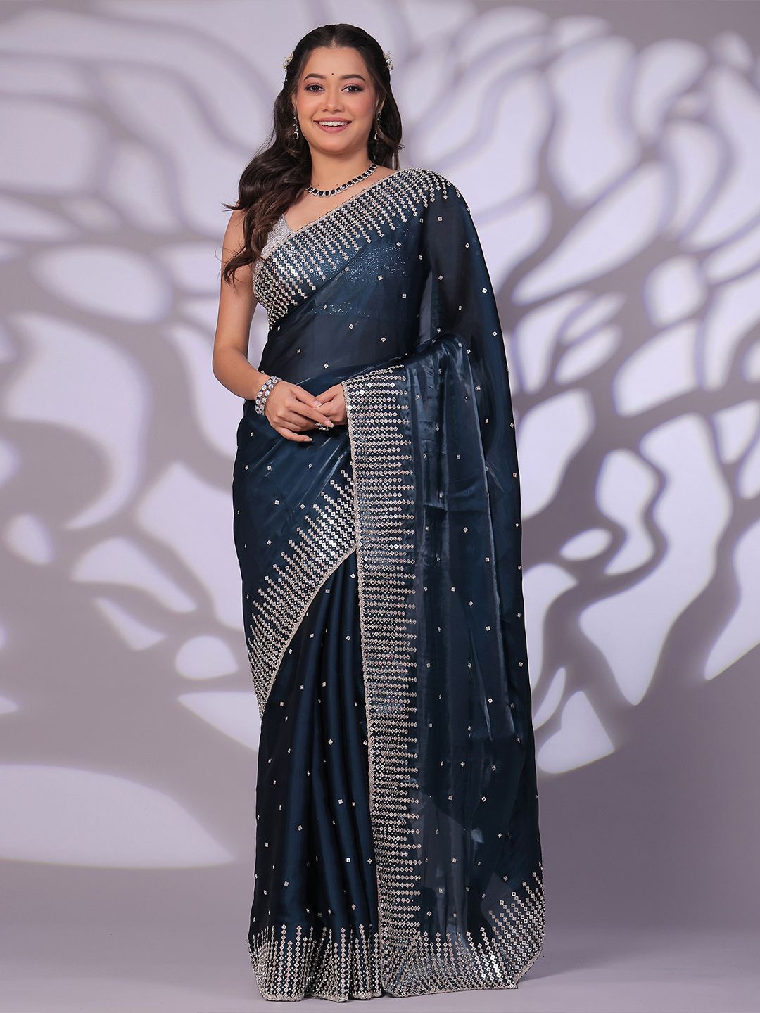 

saree.com Embellished Sequinned Tissue Saree, Teal