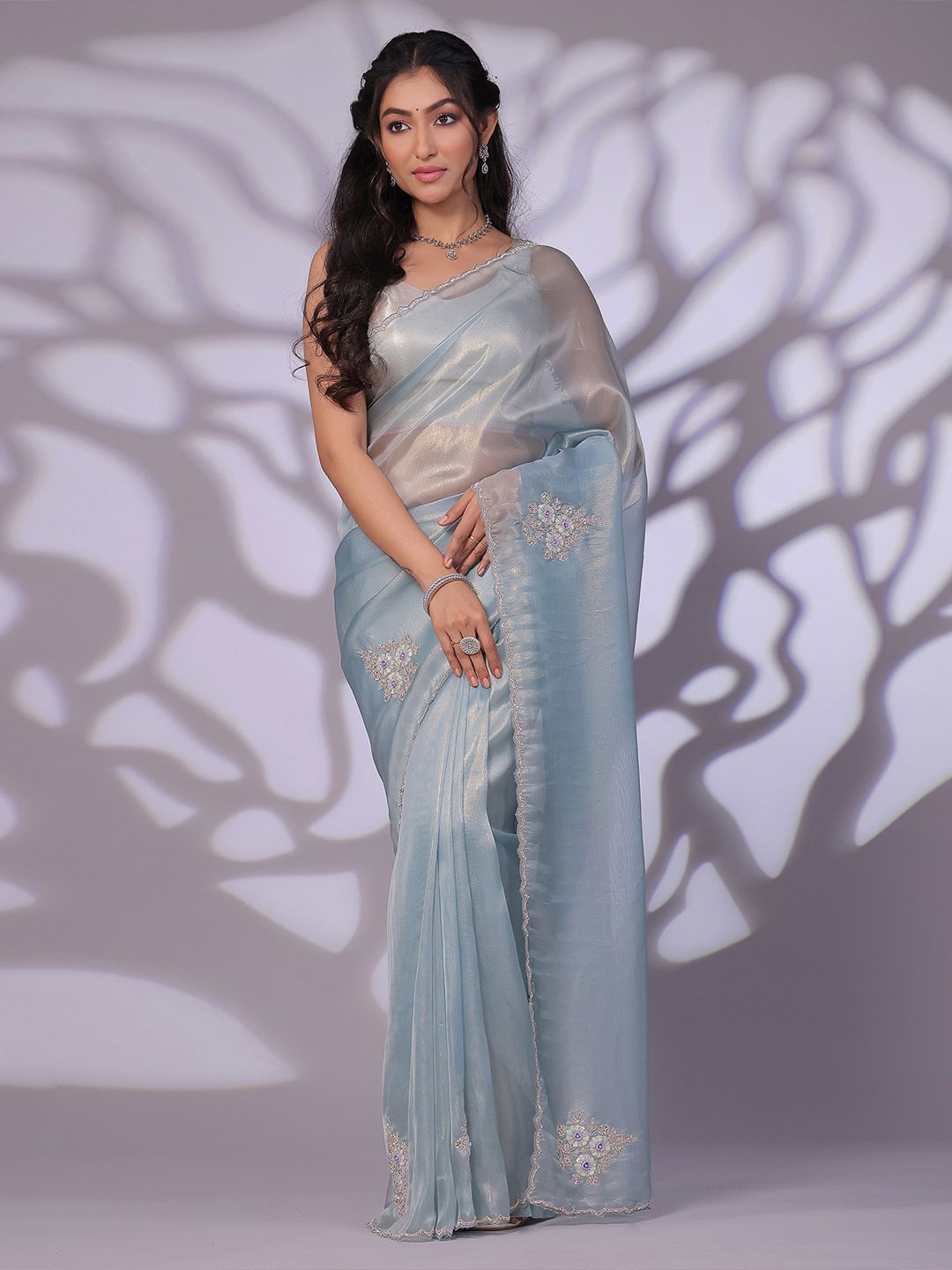 

saree.com Embroidered Embellished Tissue Saree, Blue