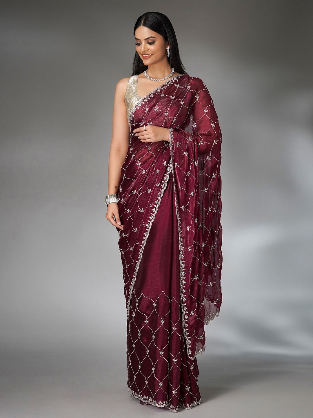 

saree.com Embellished Organza Saree With Blouse Piece, Maroon