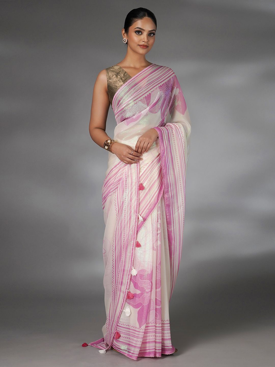

saree.com Embroidered Tassel Floral Saree, White
