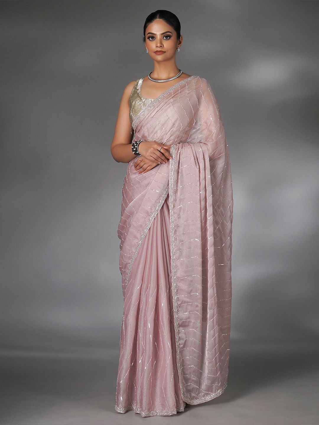 

saree.com Embellished Beads and Stones Pure Georgette Saree, Pink