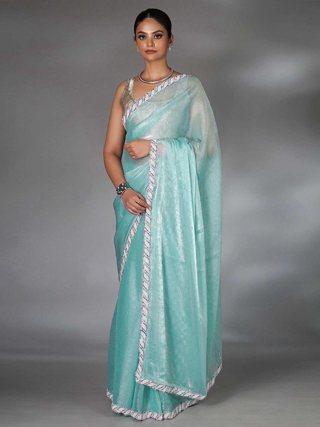 

saree.com Embellished Beads and Stones Solid Saree, Blue
