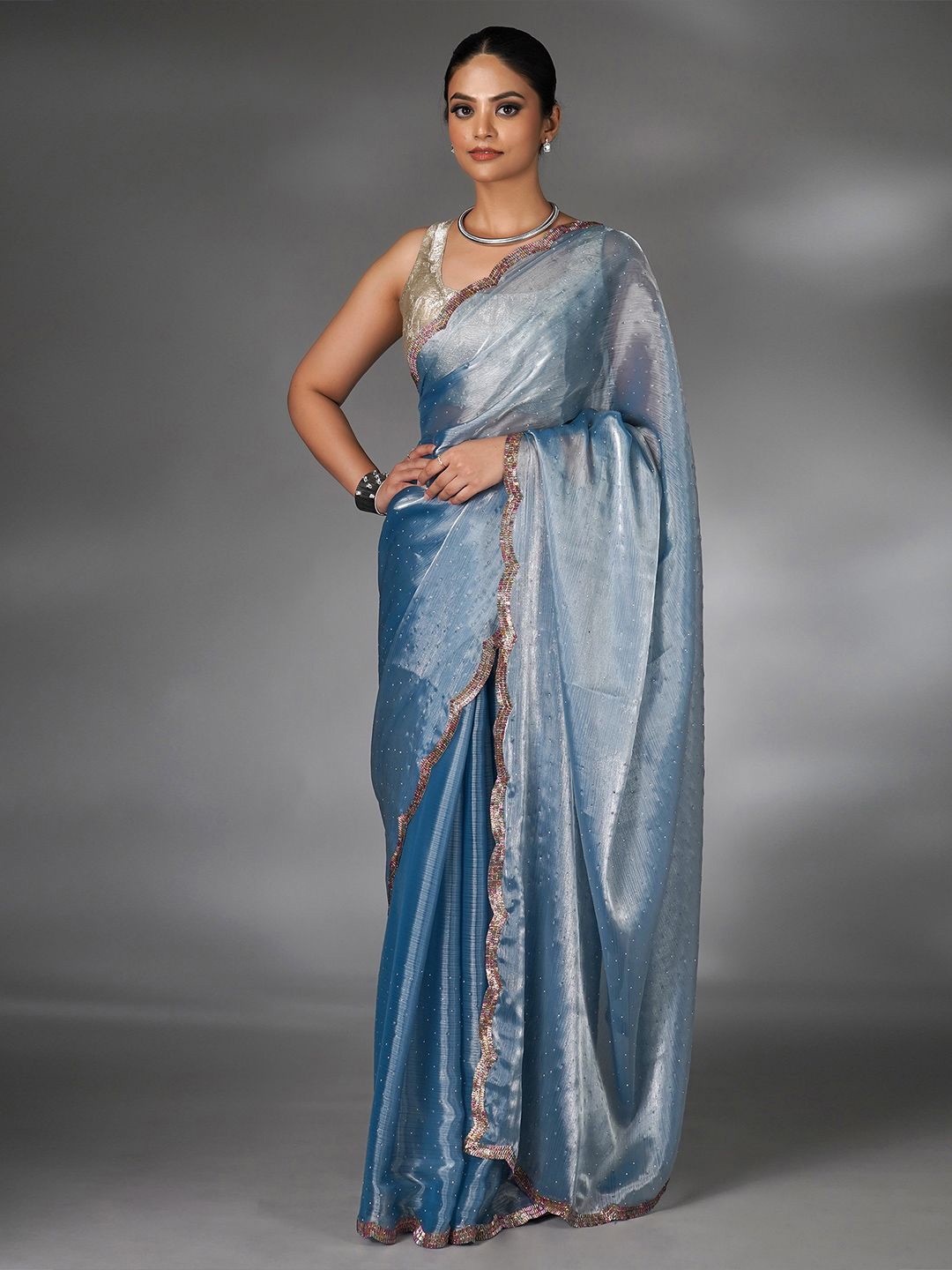 

saree.com Embellished Organza Saree, Blue