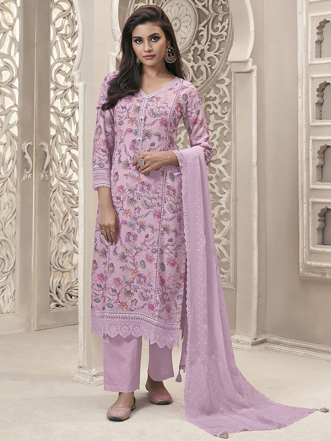 

Seerat Floral Printed Linen Straight Kurta & Trousers With Dupatta, Pink