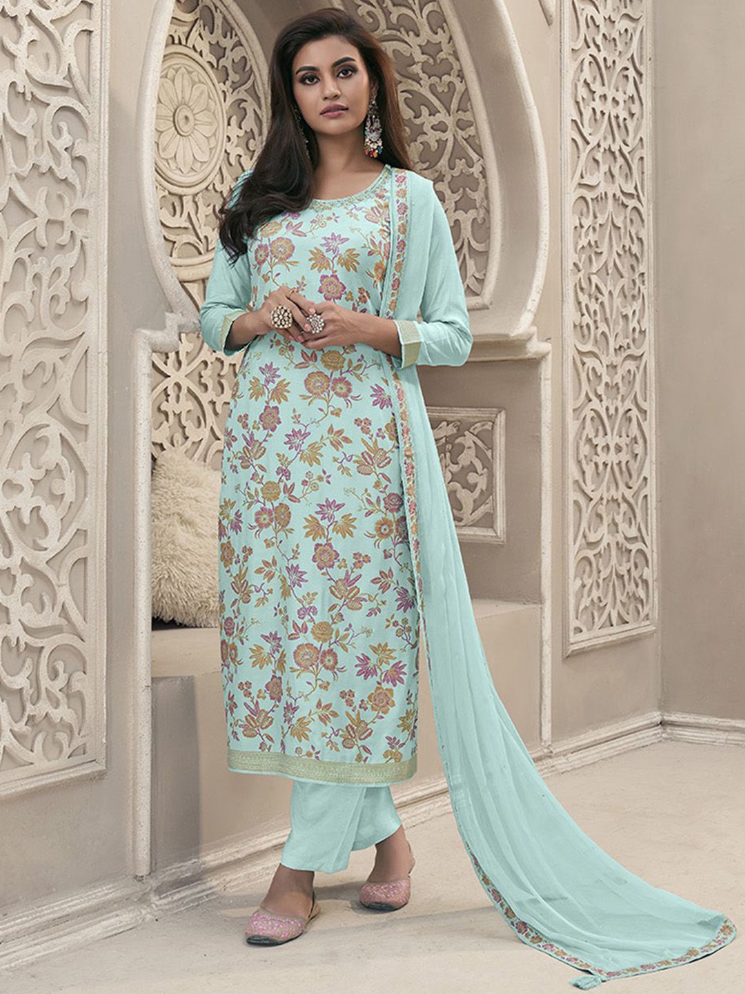 

Seerat Printed Thread Work Pure Silk Straight Kurta with Trousers & With Dupatta, Turquoise blue