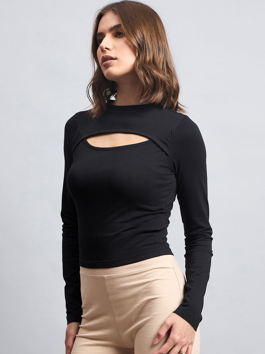 

98 Degree North Cotton Solid High Neck Styled Back Top, Black