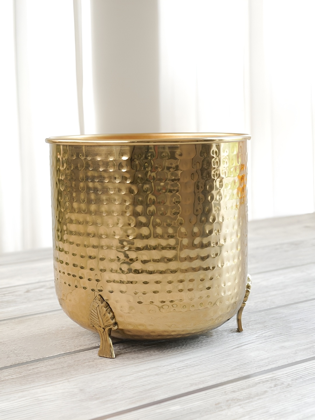 

BEHOMA Gold Toned Large Hammered Metal Planter With Leaf Leg