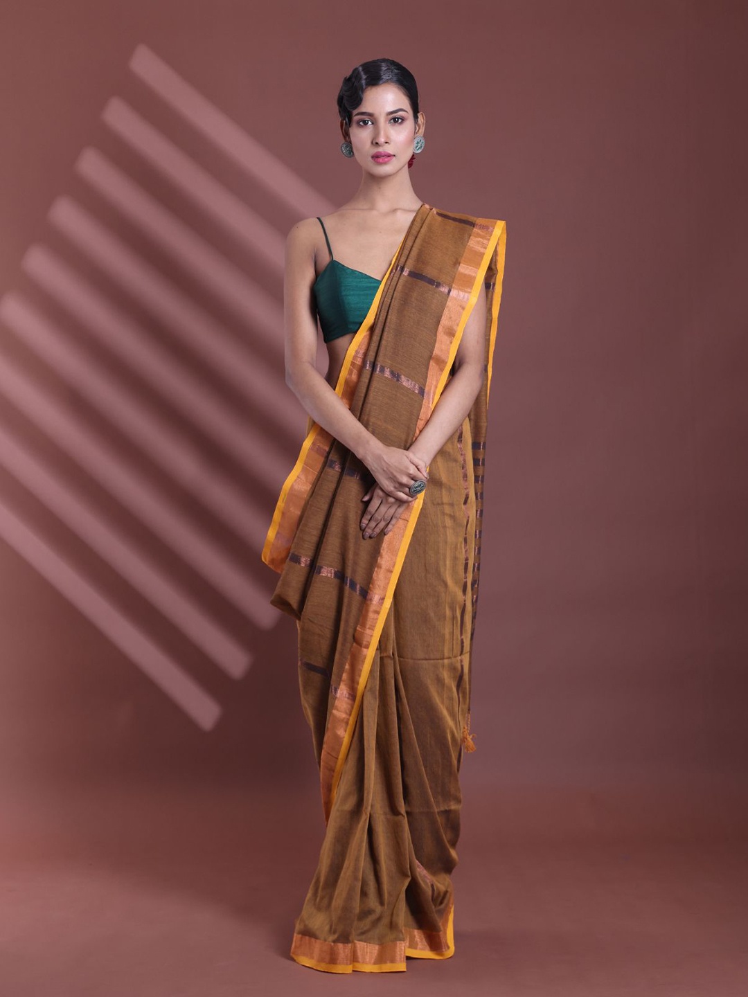 

Charukriti Striped Pure Cotton Saree With Zari Border, Brown