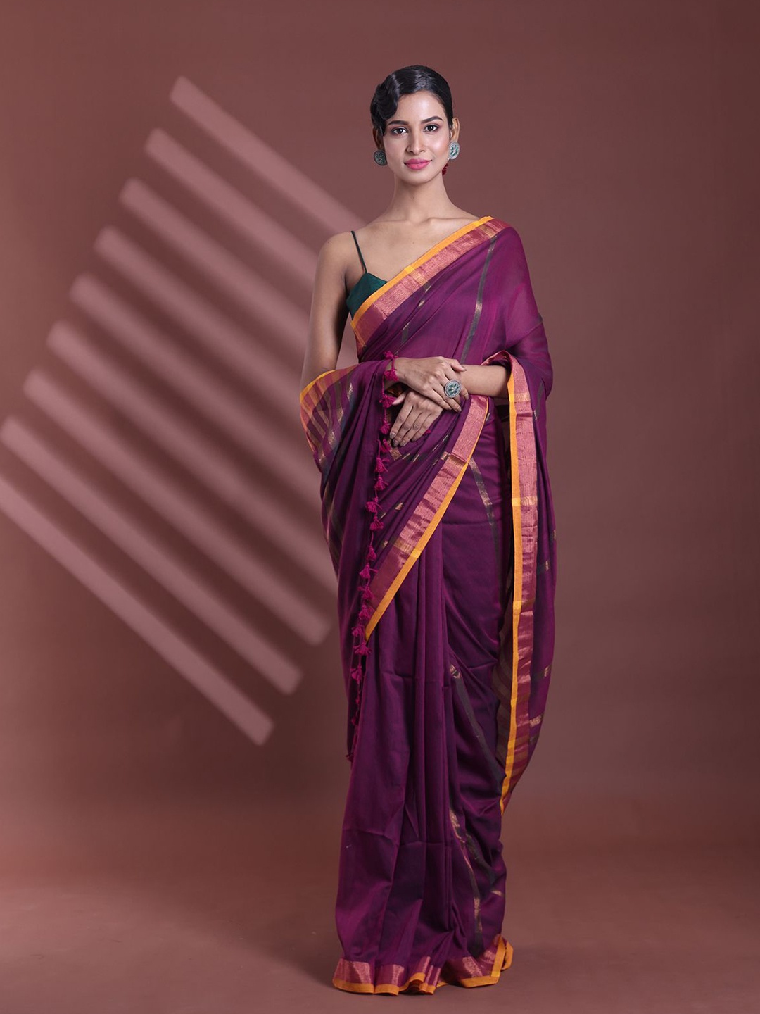 

Charukriti Striped Zari Pure Cotton Saree, Purple