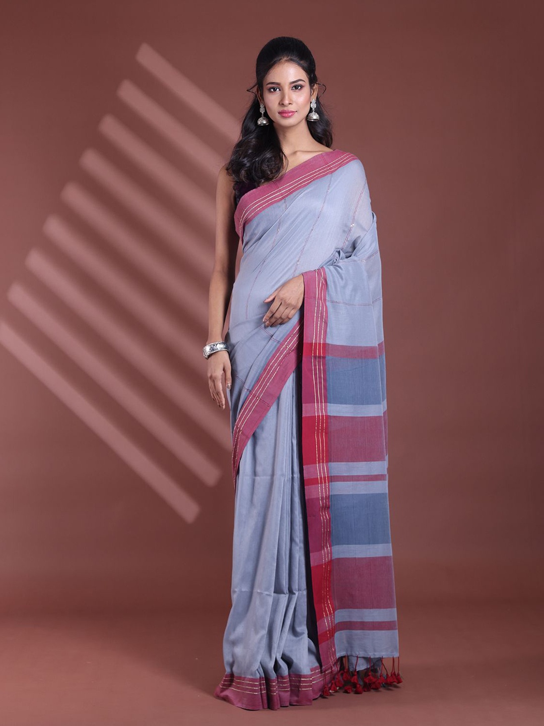 

Charukriti Striped Sequinned Pure Cotton Saree, Grey