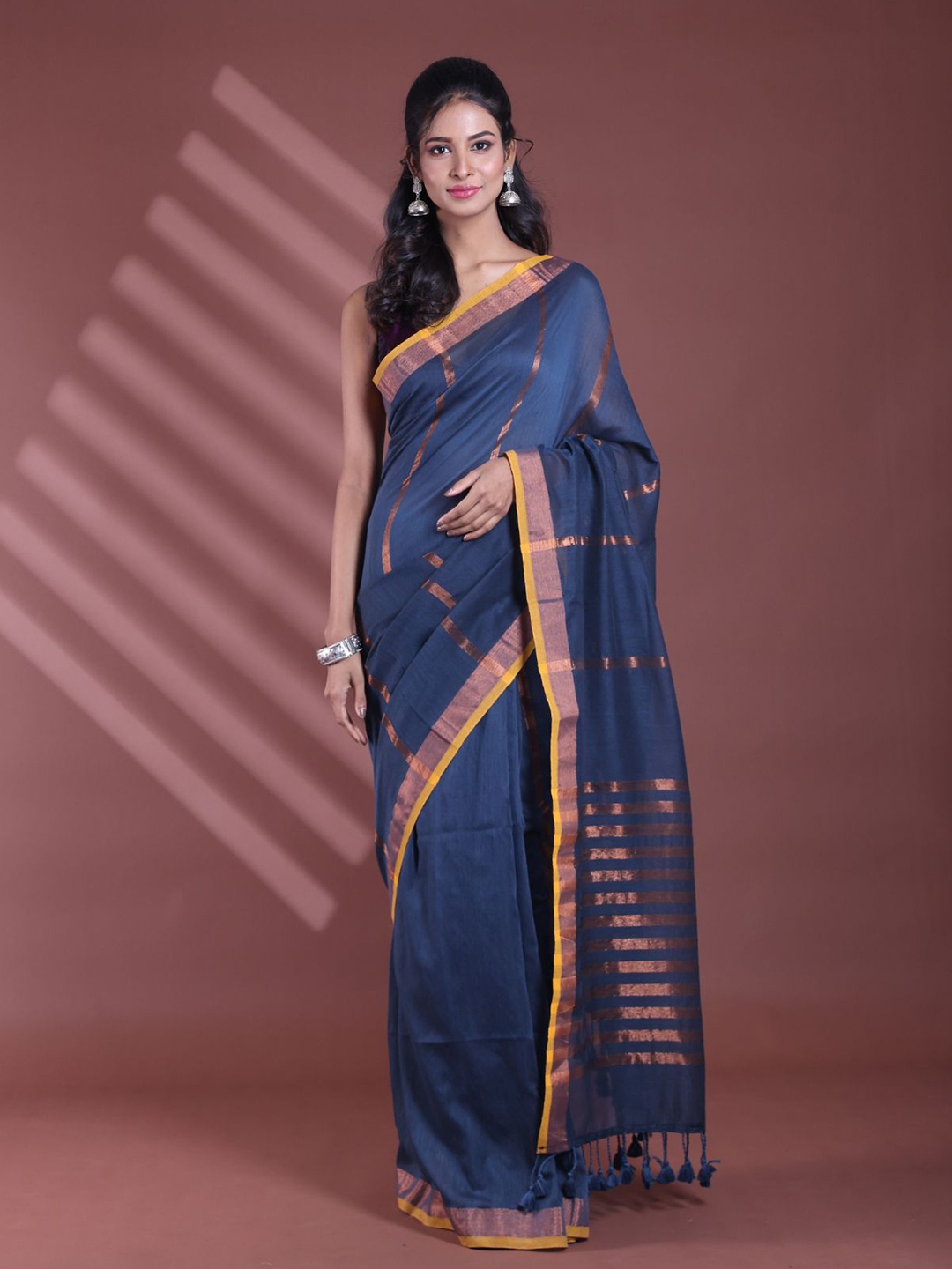 

Charukriti Striped Zari Pure Cotton Saree, Grey