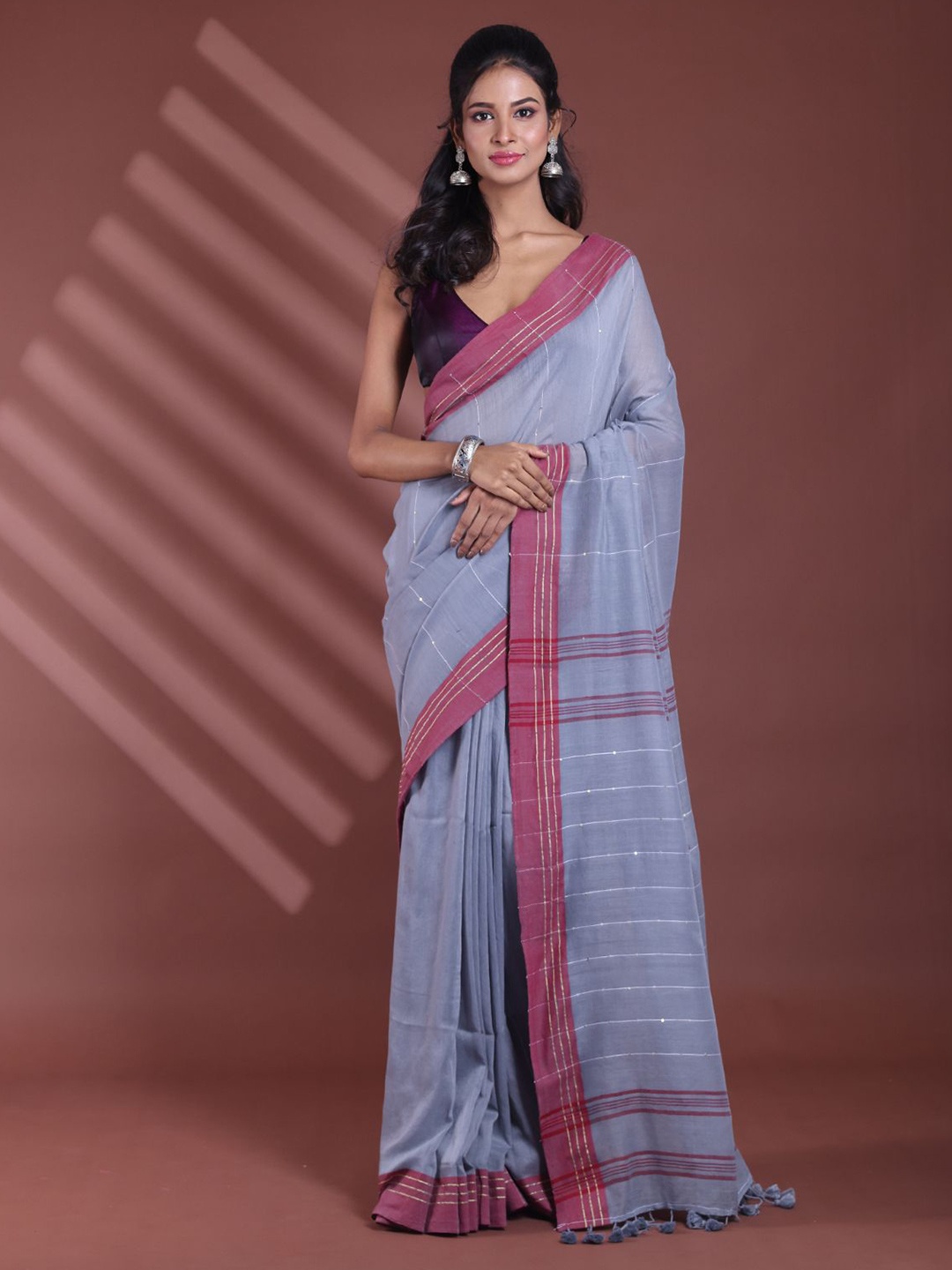 

Charukriti Striped Sequinned Pure Cotton Saree, Grey