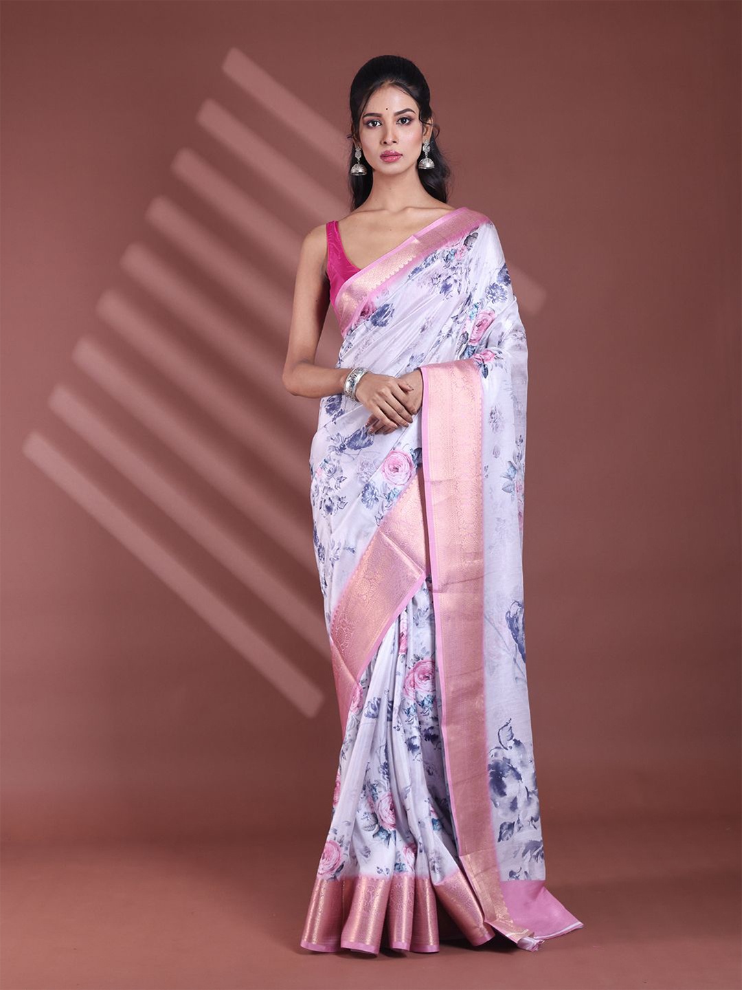 

Charukriti Floral Printed Zari Saree, Lavender