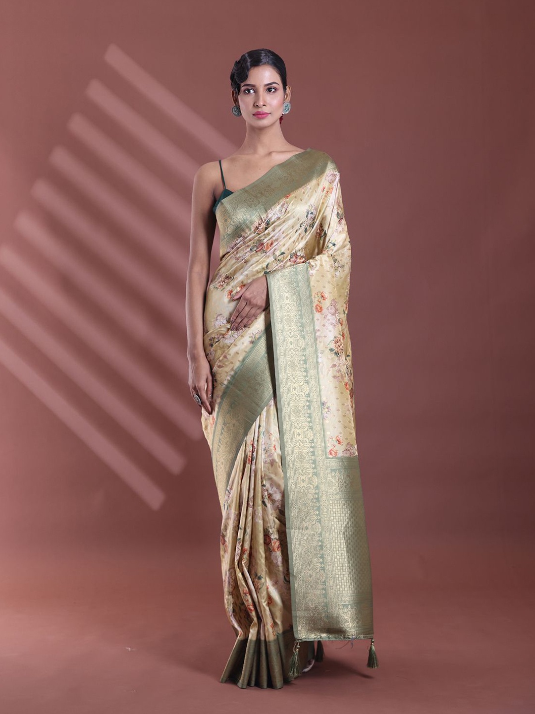 

Charukriti Floral Printed Zari Saree with Tassels, Yellow