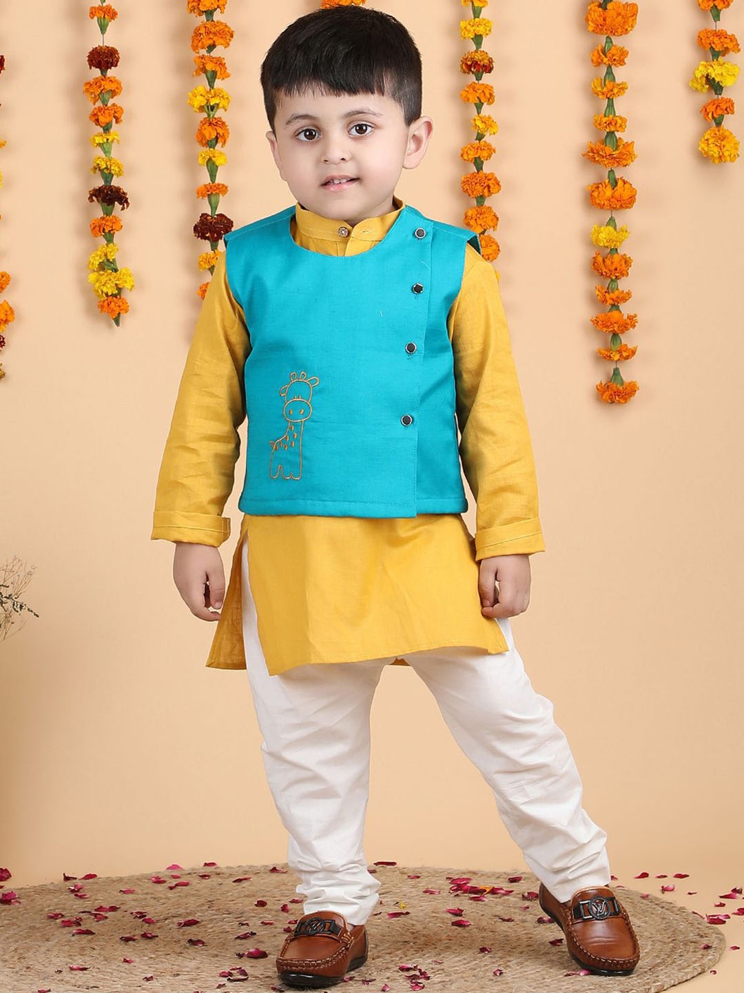 

Polka Tots Boys Regular Pure Cotton Kurta with Pyjamas, Yellow