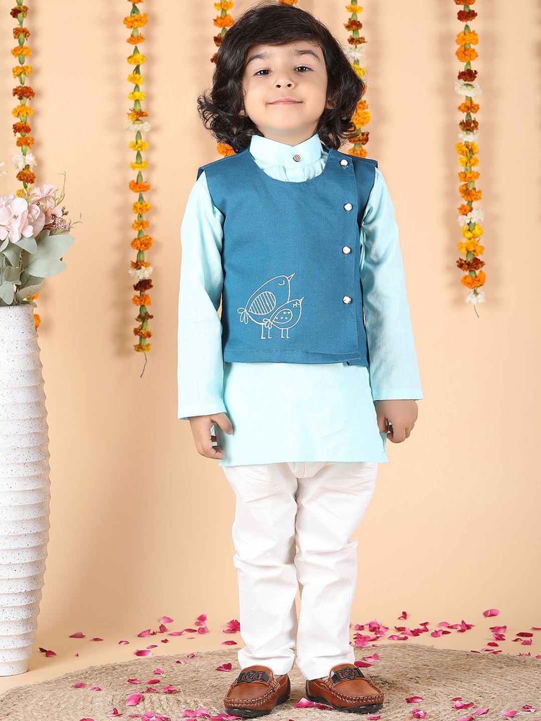 

Polka Tots Boys Regular Pure Cotton Kurta with Pyjamas, Blue