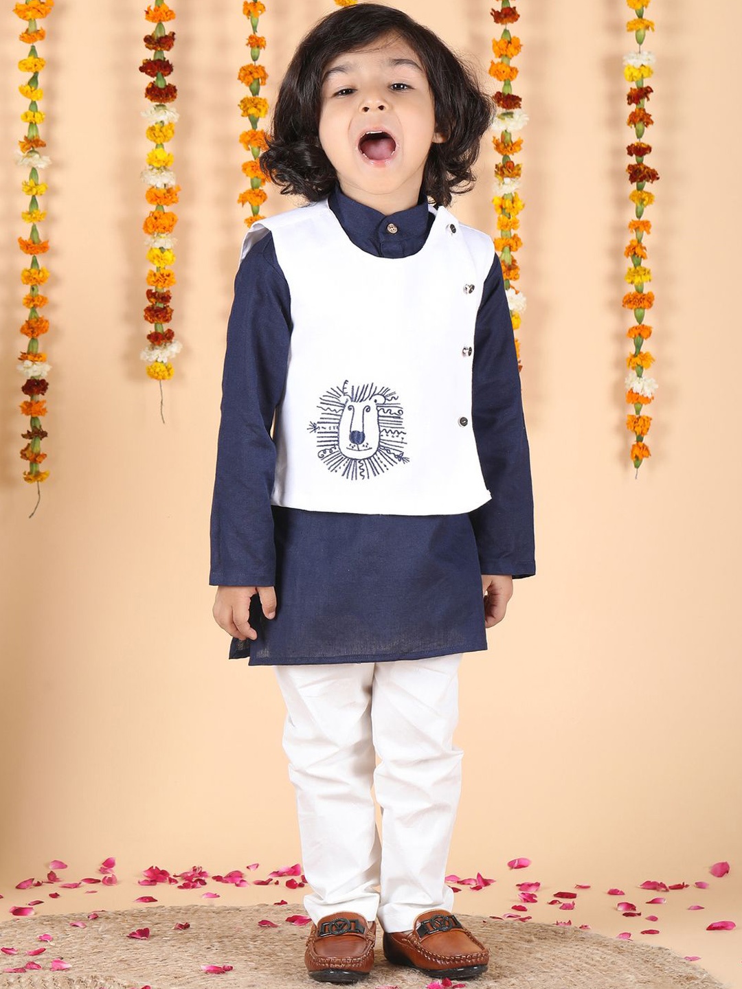 

Polka Tots Boys Regular Pure Cotton Kurta with Pyjamas, Navy blue
