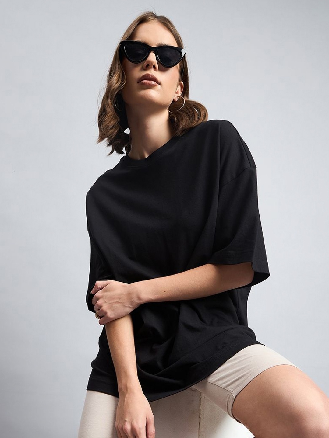 

98 Degree North Women Drop-Shoulder Sleeves Round Neck Pure Cotton Pockets T-shirt, Black