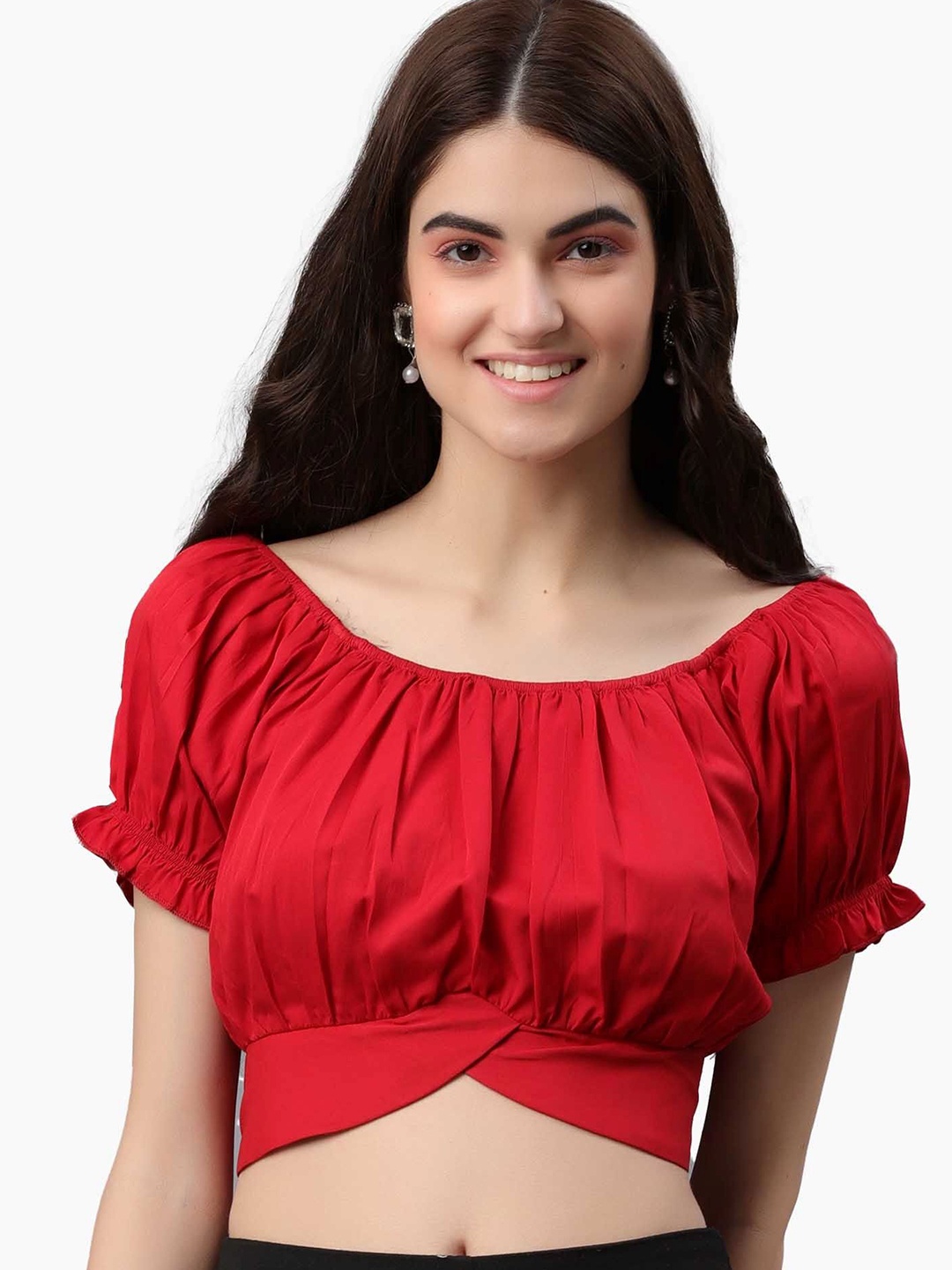 

PRETTY LOVING THING Puff Sleeve Crepe Blouson Crop Top, Red