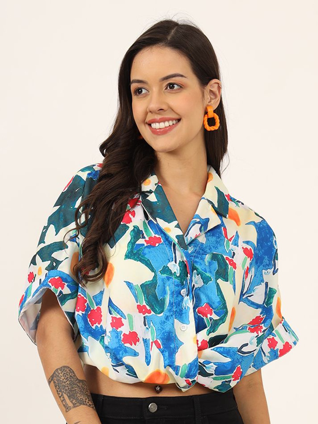 

CHARMGAL Women Classic Floral Opaque Printed Casual Shirt, Blue