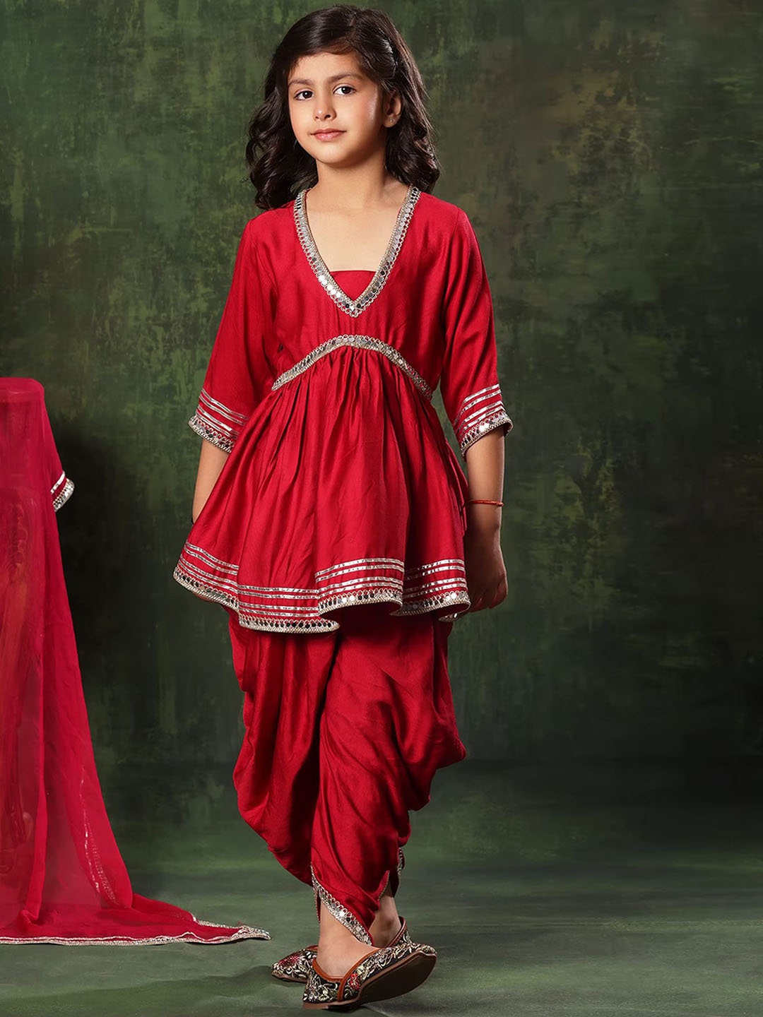 BAESD Girls Embroidered Regular Mirror Work Kurta with Dhoti Pants & Dupatta, Red