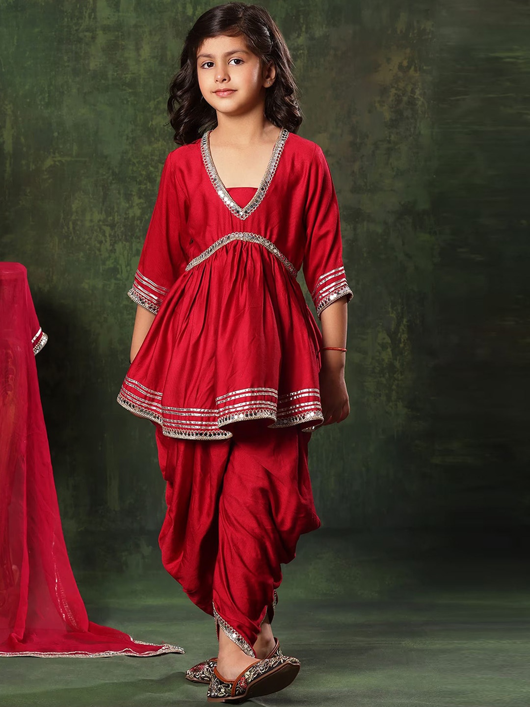 

BAESD Girls Abstract Embroidered Mirror Work A-Line Kurti With Patiala & Dupatta, Red