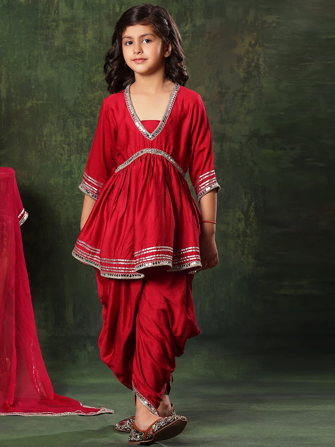 

BAESD Girls Embroidered Mirror Work Kurta with Dhoti Pants & Dupatta, Red