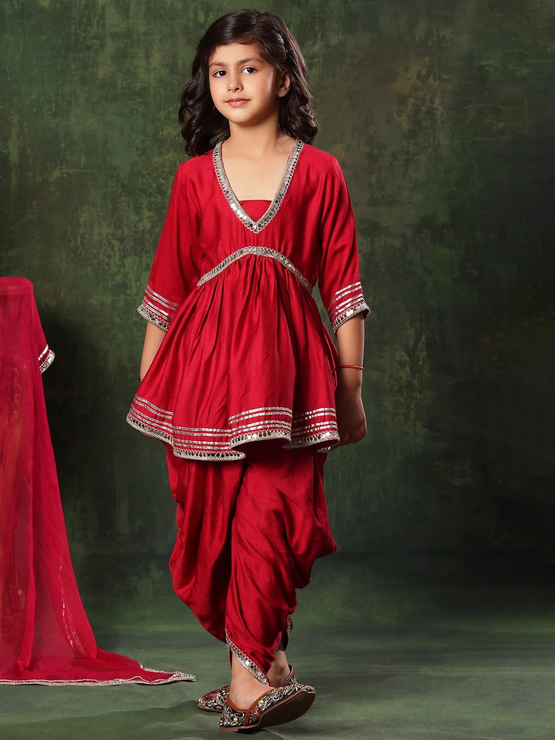 

BAESD Girls Mirror Work Peplum Kurta With Dhoti Pants & Dupatta, Red