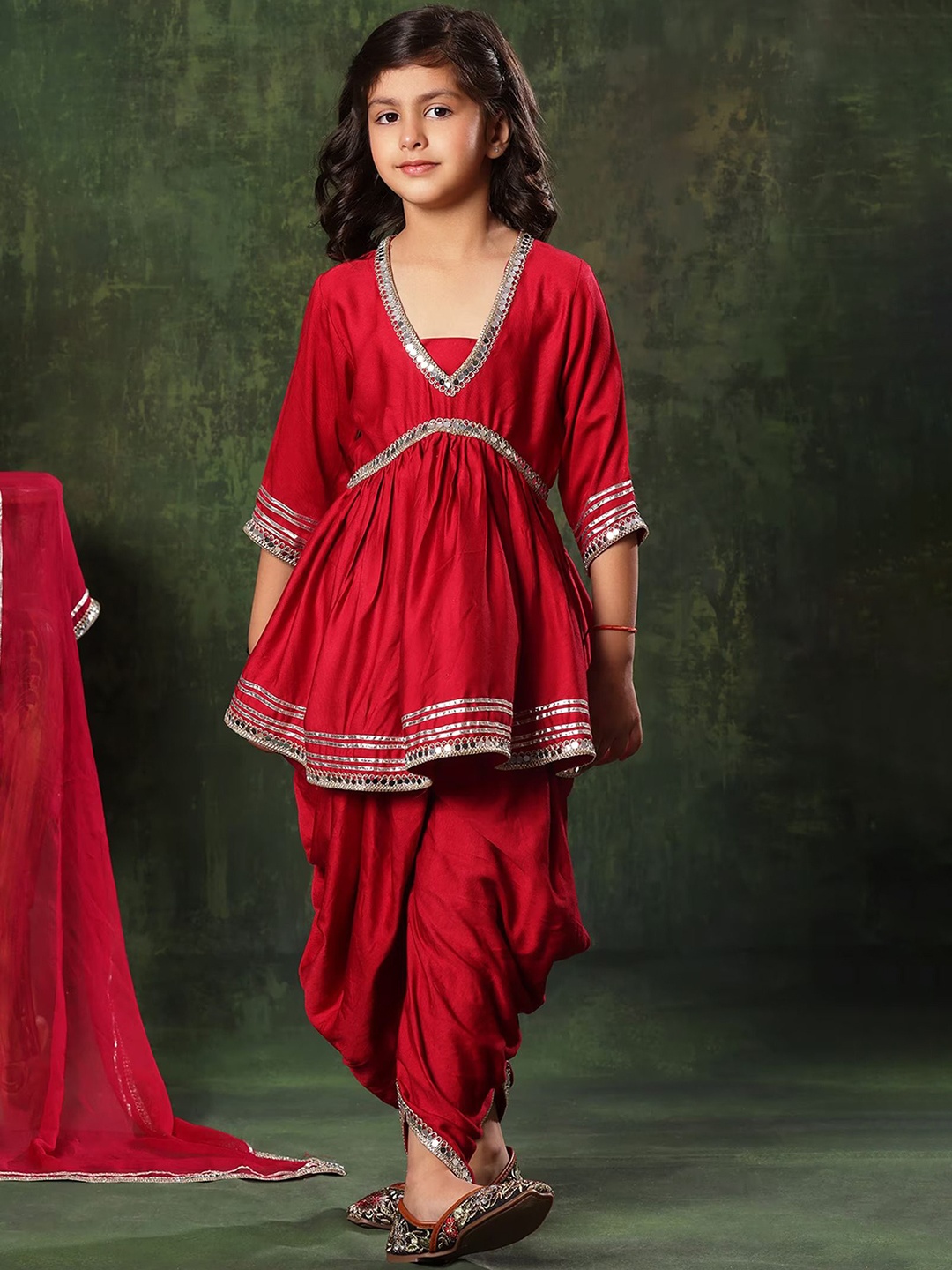 BAESD Girls Mirror Work Peplum Kurta With Dhoti Pants & Dupatta, Red