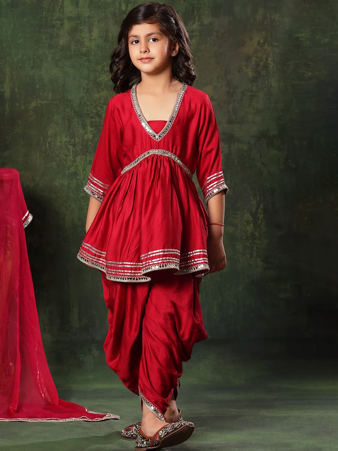 

BAESD Girls Mirror Work Peplum Kurta With Dhoti Pants & Dupatta, Red