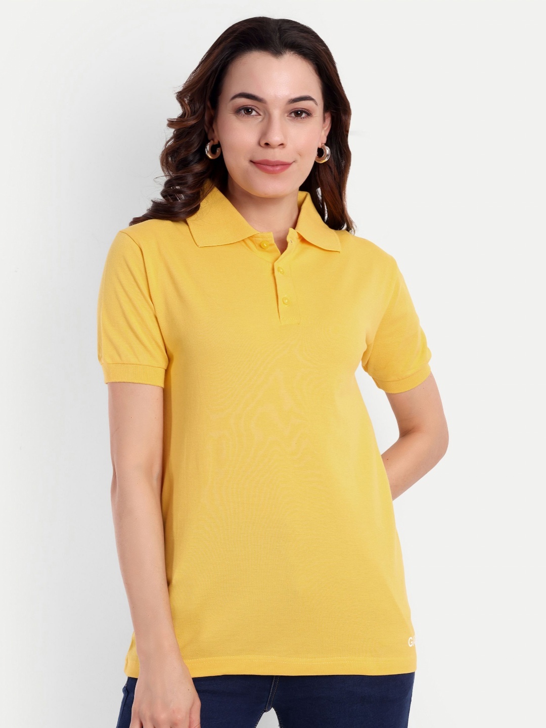 

GAB Women Solid Pure Cotton Polo Collar T-shirt, Yellow