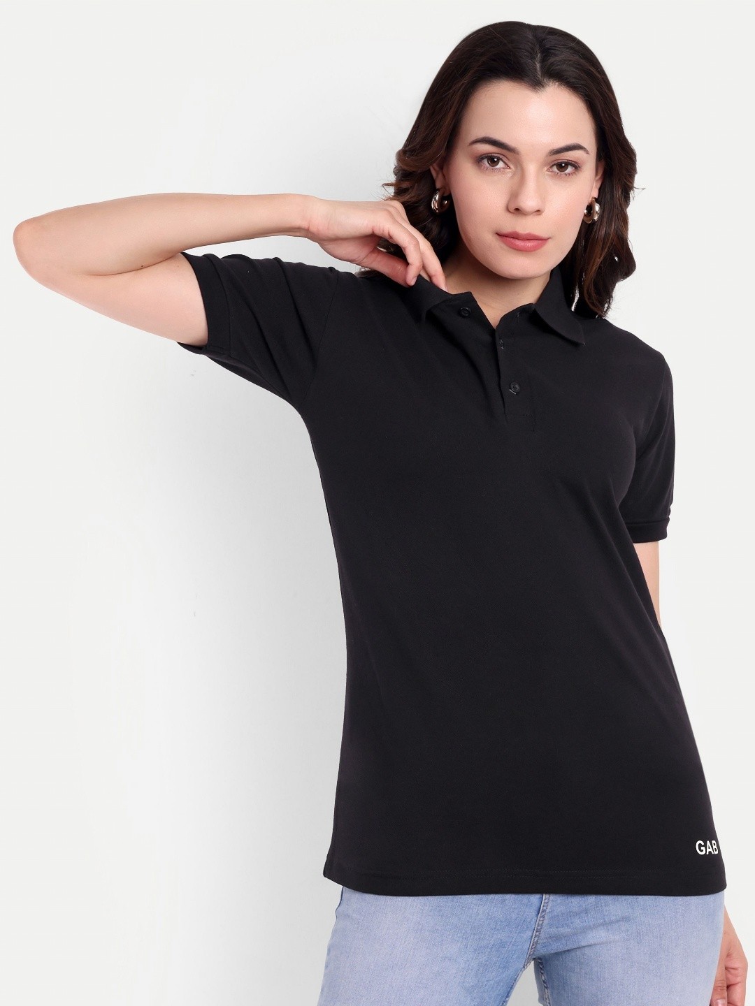 

GAB Women Solid Polo Collar Pure Cotton T-shirt, Black