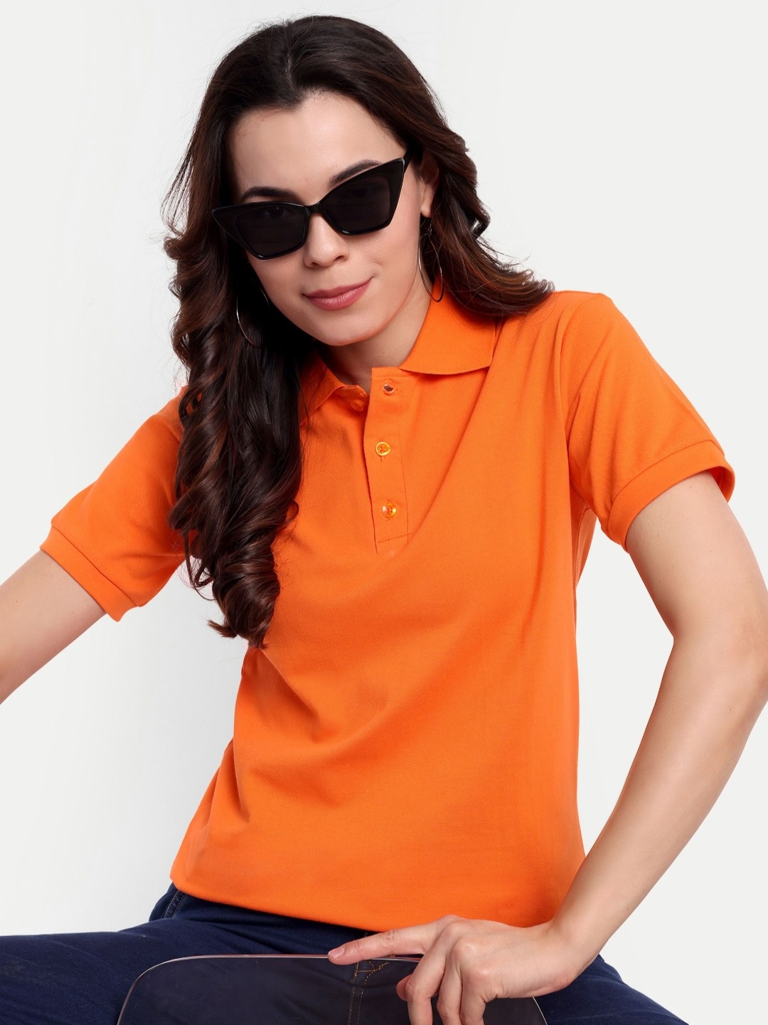 

GAB Women Short Sleeves Polo Collar Pure Cotton Pockets T-shirt, Orange