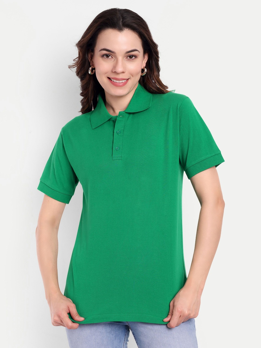 

GAB Women Polo Collar Pure Cotton Applique T-shirt, Green