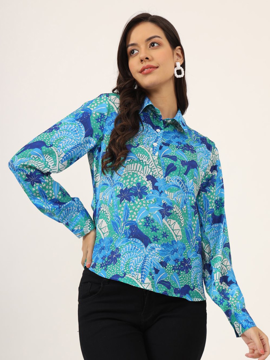 

CHARMGAL Women Print Satin Top, Blue