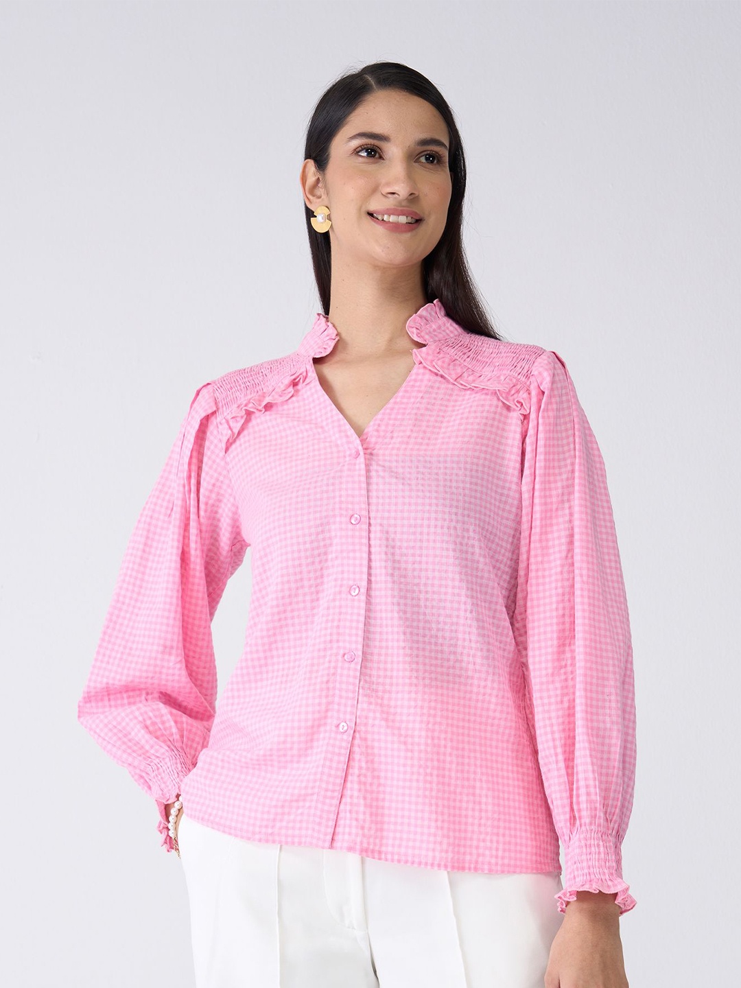 

SALT ATTIRE Checked Print Cotton mandarin Style Top, Pink