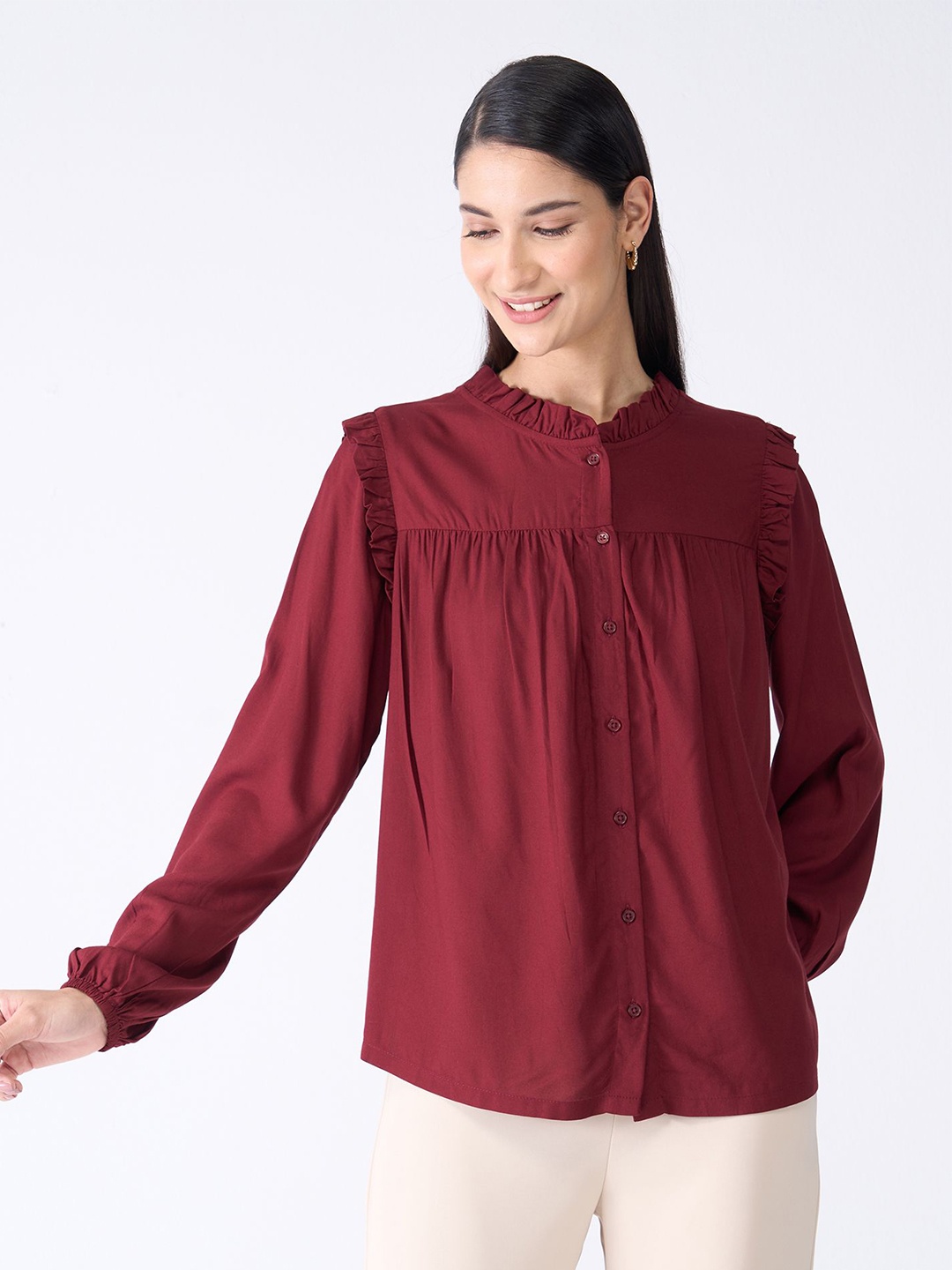 

SALT ATTIRE Solid Mandarin Collar Shirt Style Top, Maroon