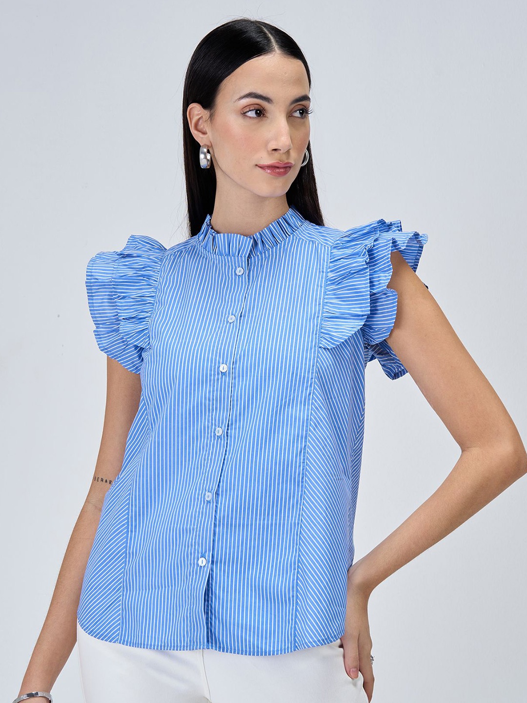 

SALT ATTIRE Women Mandarin Collar Flutter Sleeve Cotton Shirt Style Top, Blue