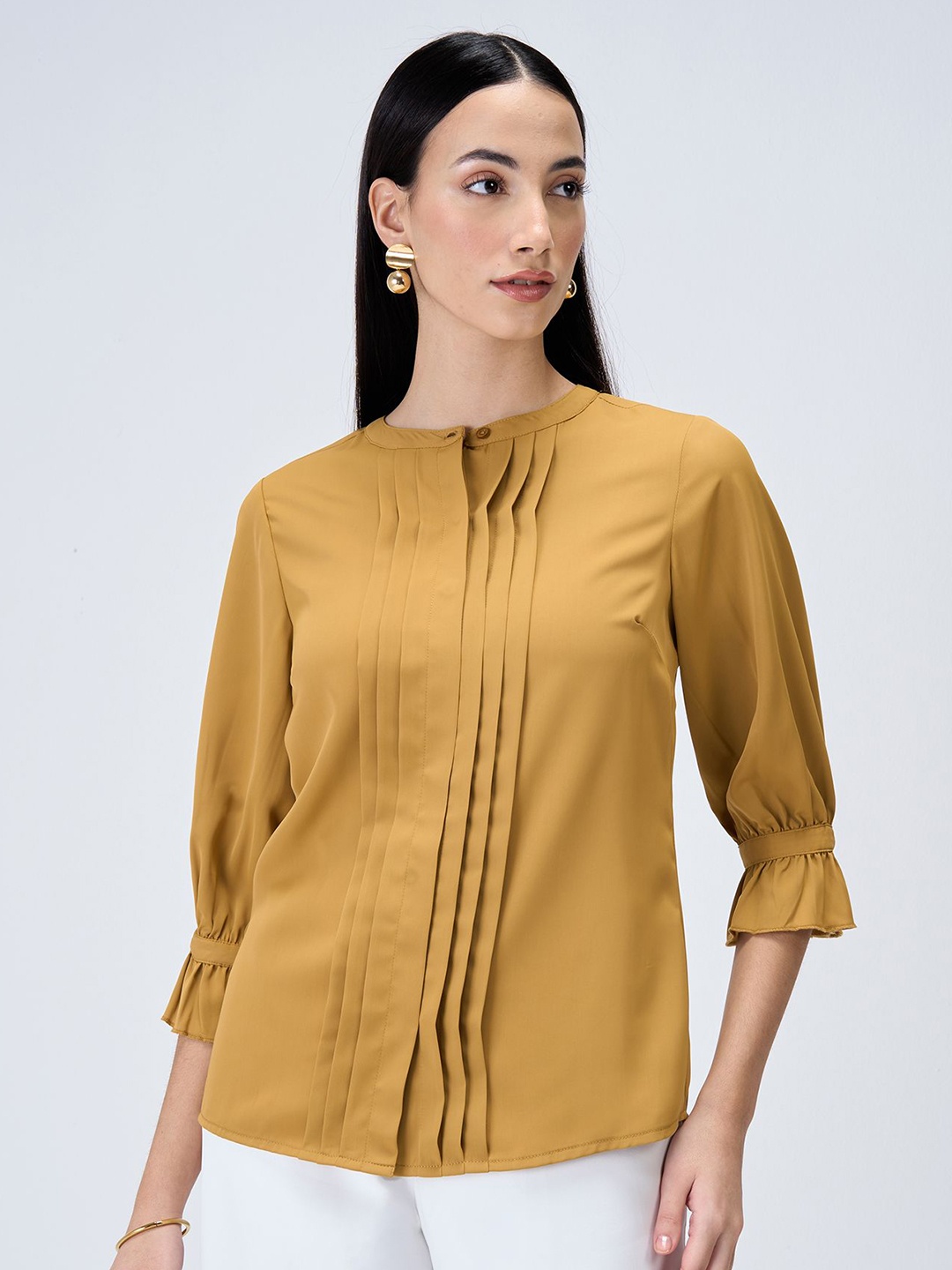 

SALT ATTIRE Women Keyhole Neck Puff Sleeve Top, Mustard
