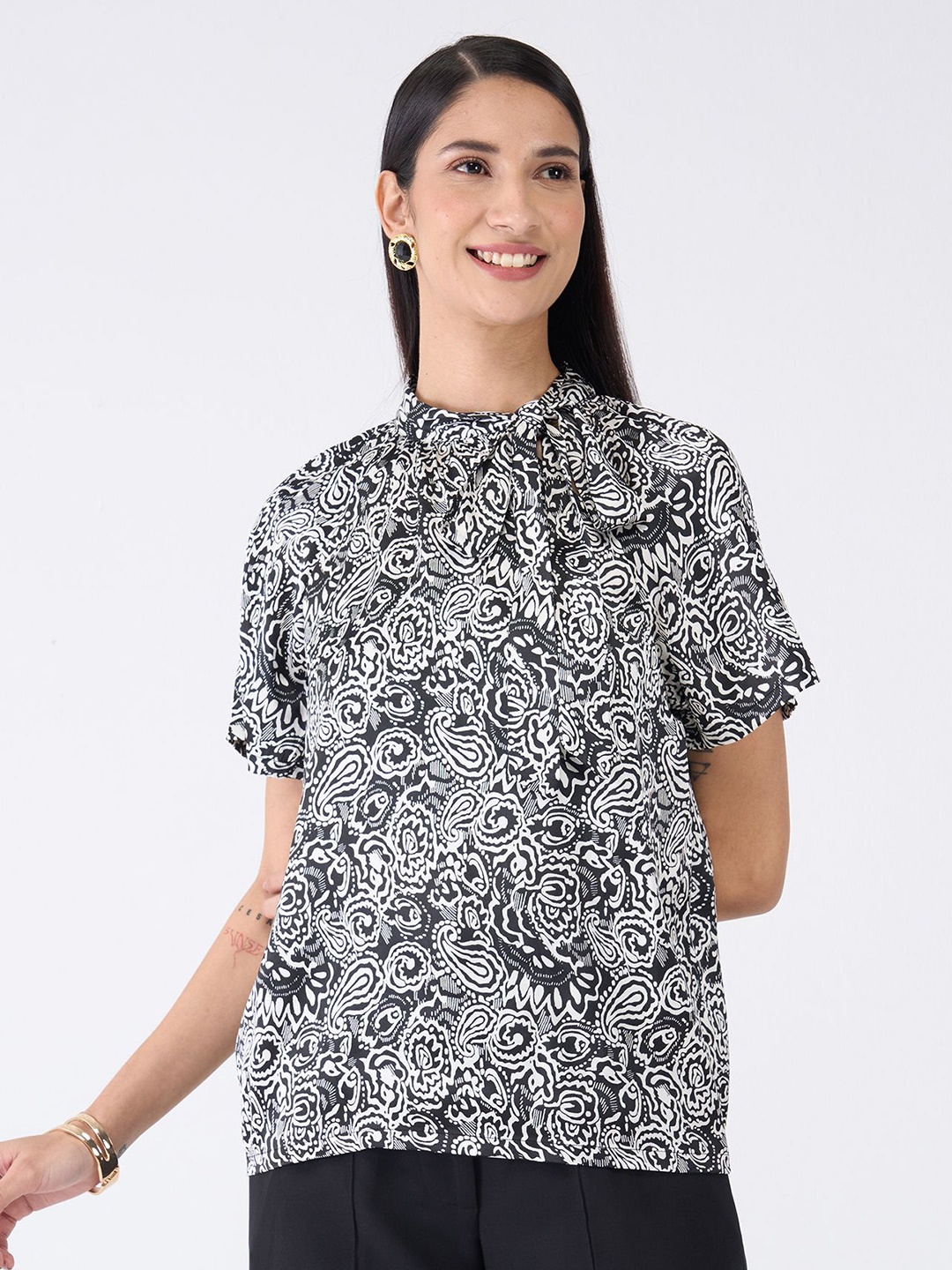 

SALT ATTIRE Women Ethnic Motifs Tie-Up Neck Top, Black