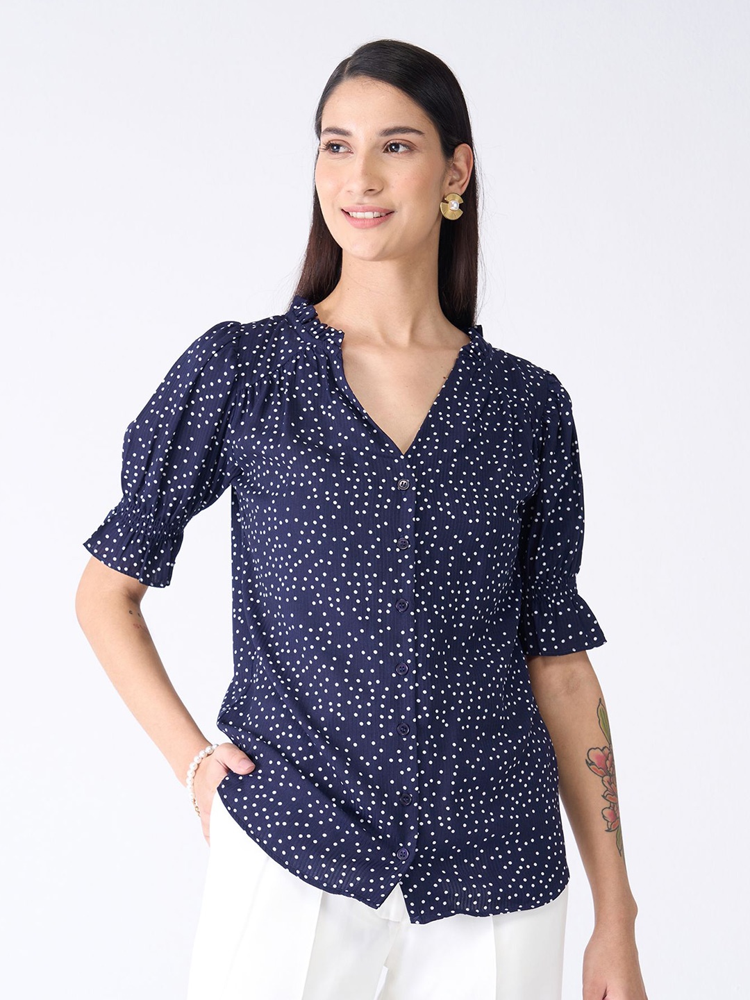 

SALT ATTIRE Printed V neck Top, Navy blue