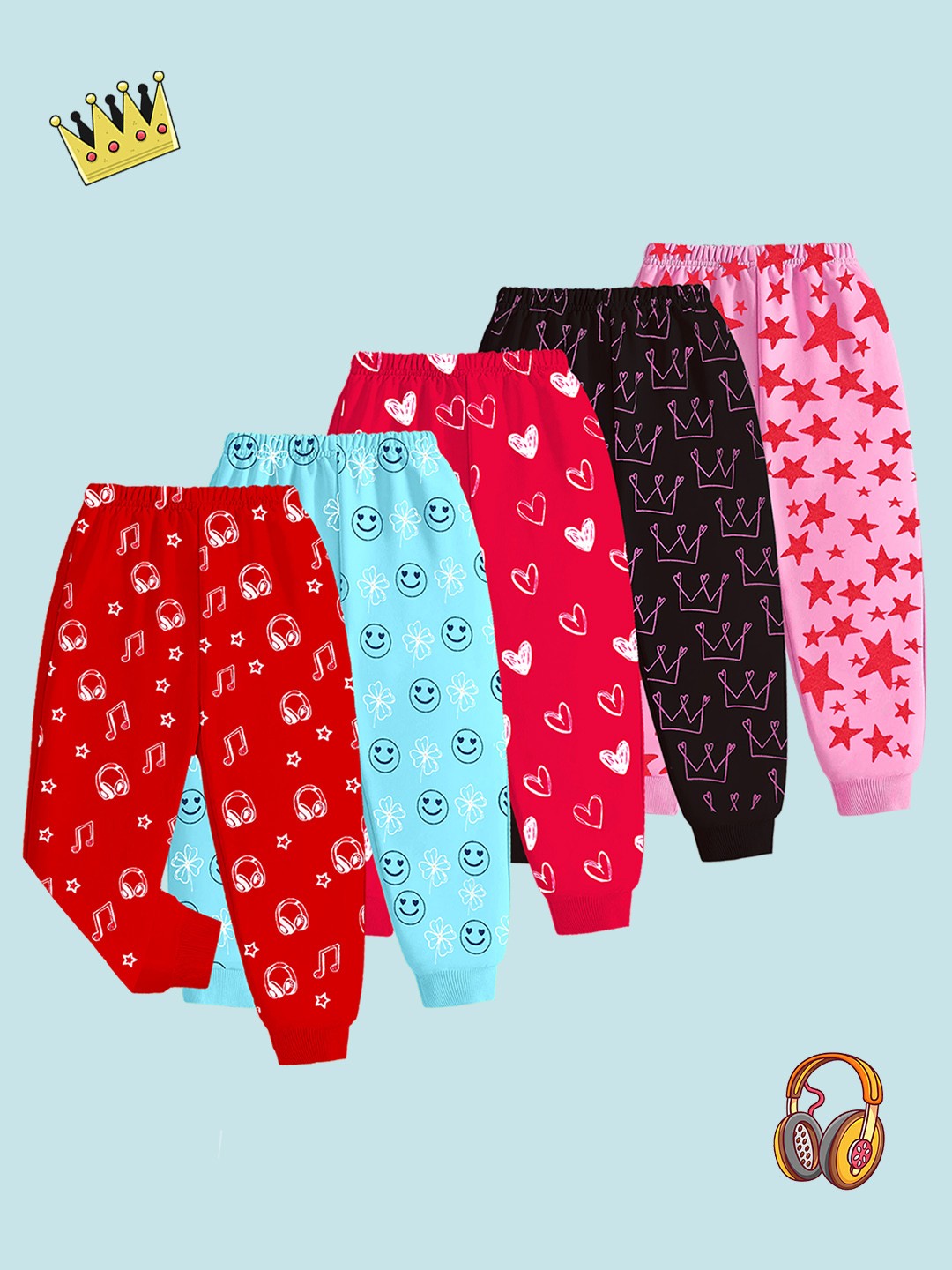 

KUCHIPOO Girls Pack Of 5 Printed Mid Rise Regular Fit Joggers, Pink