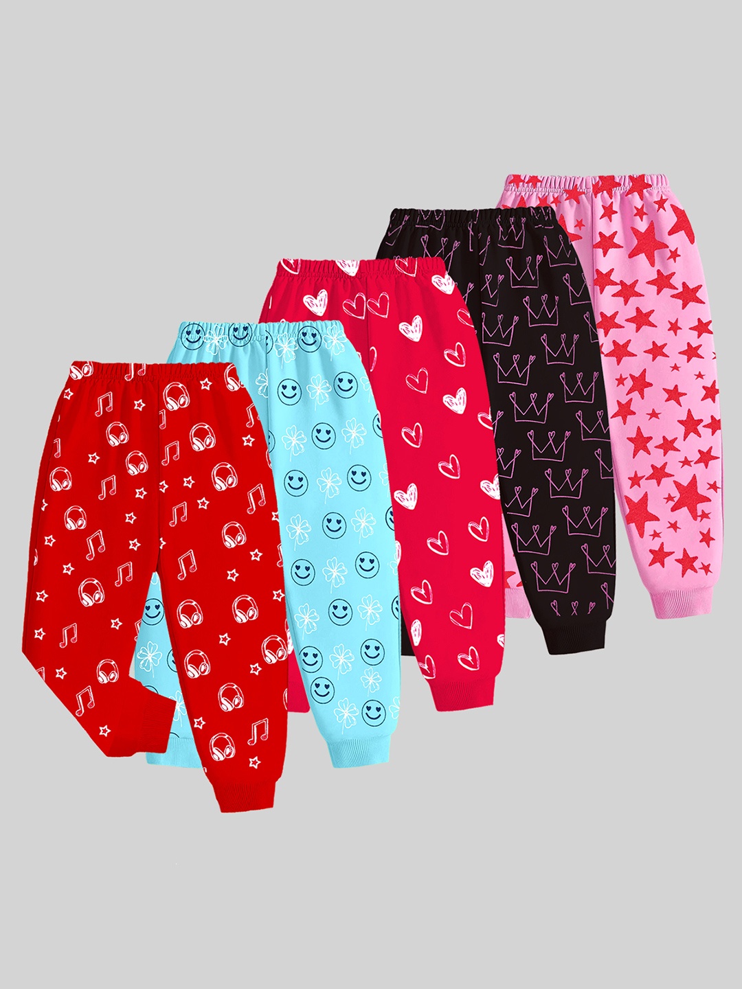 

KUCHIPOO Girls Pack Of 5 Printed Mid Rise Joggers, Pink