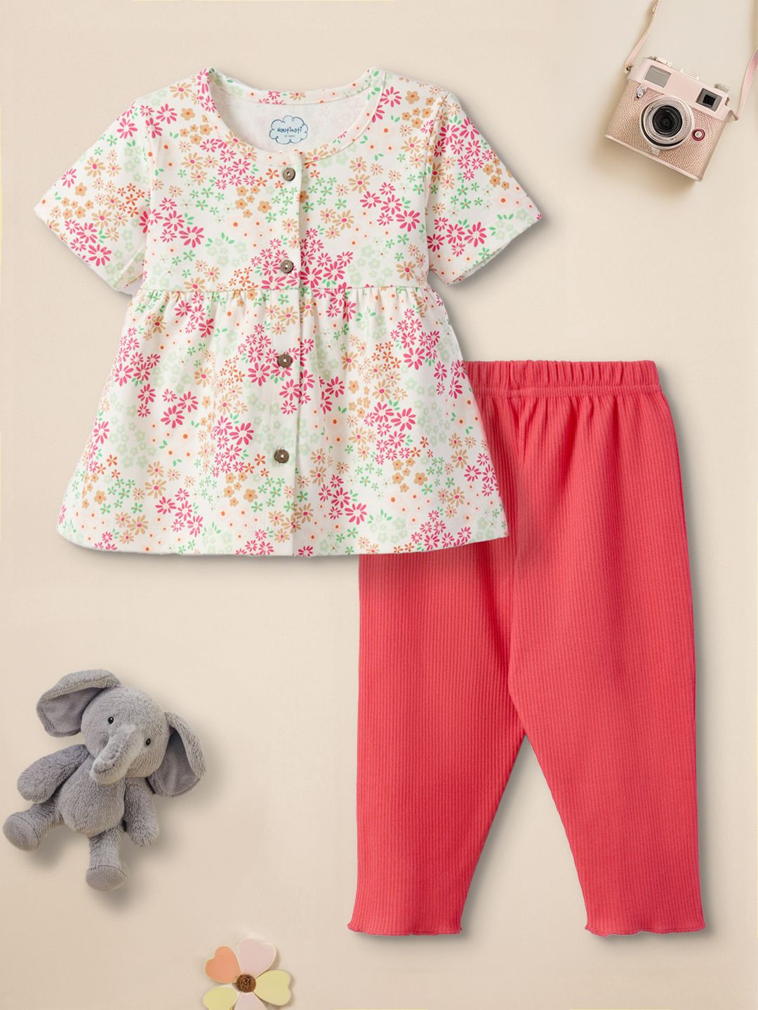 

Nauti Nati Girls Floral Printed Pure Cotton Top with Trousers, Blue