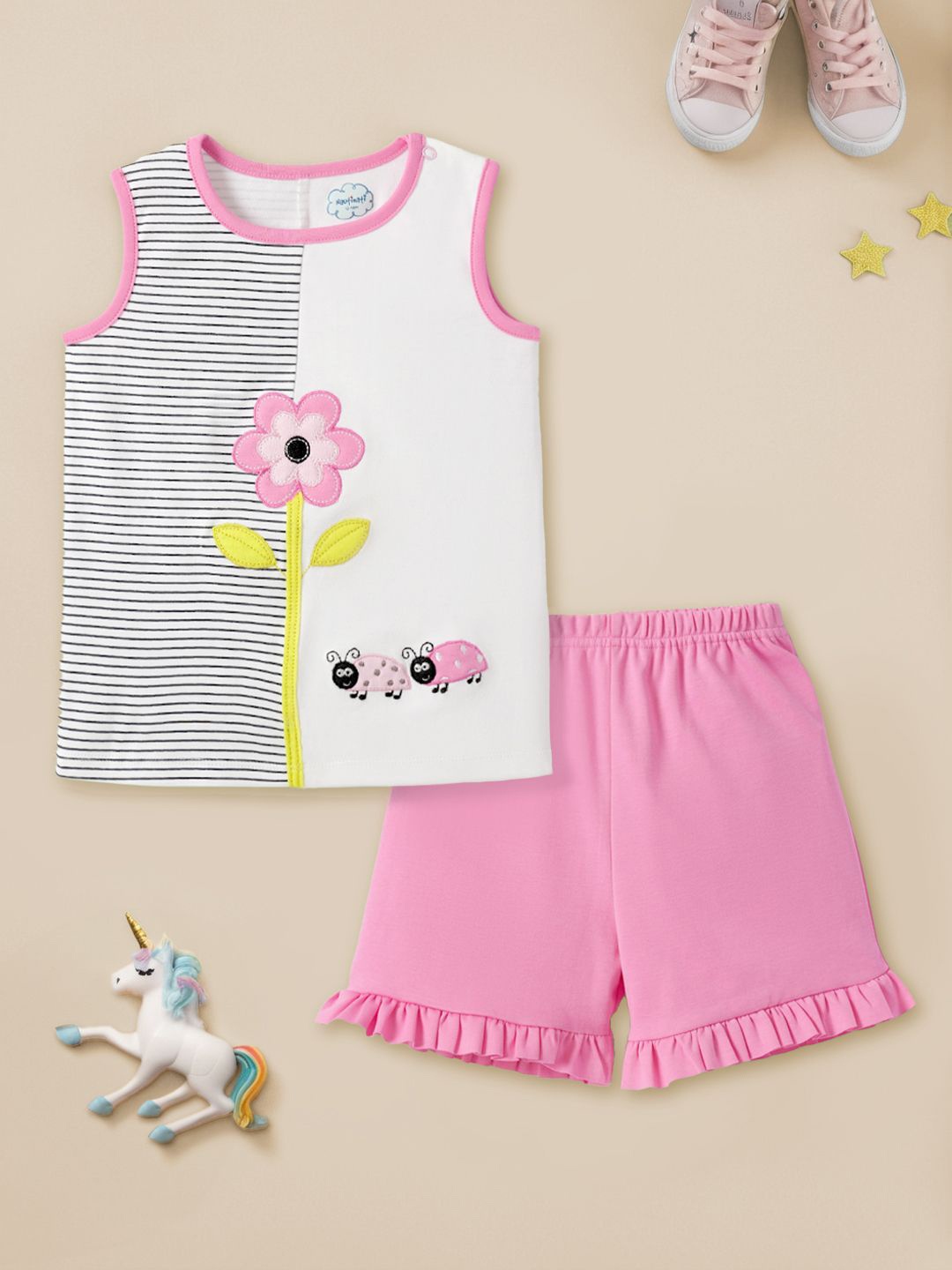 

Nauti Nati Girls Floral Printed Sleeveless Pure Cotton T-shirt with Shorts, White