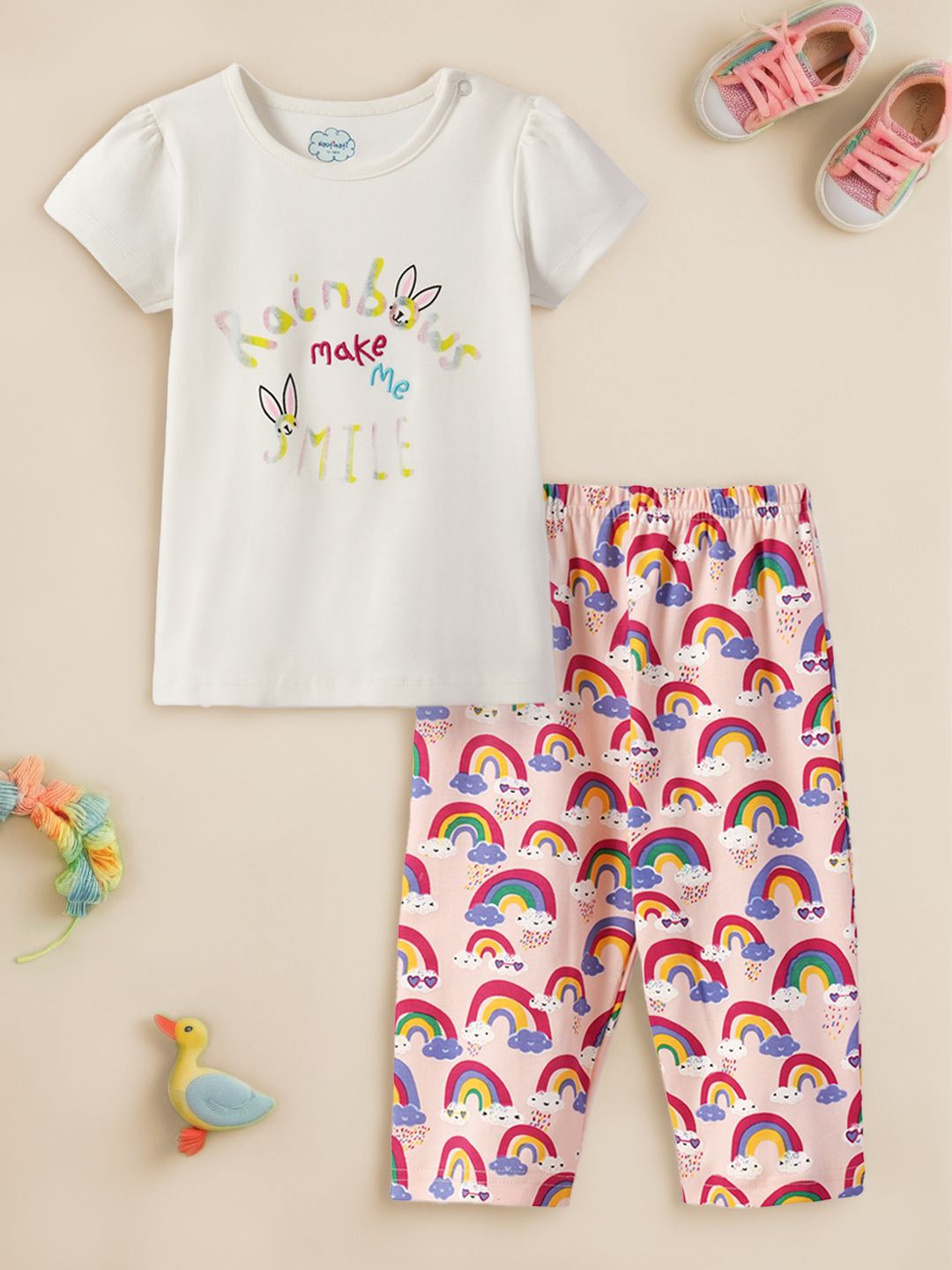 

Nauti Nati Girls Rainbow Printed Pure Cotton T-shirt with Trousers, Off white