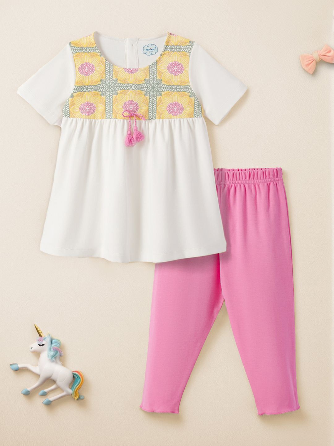 

Nauti Nati Girls Printed Pure Cotton Top with Trousers, White