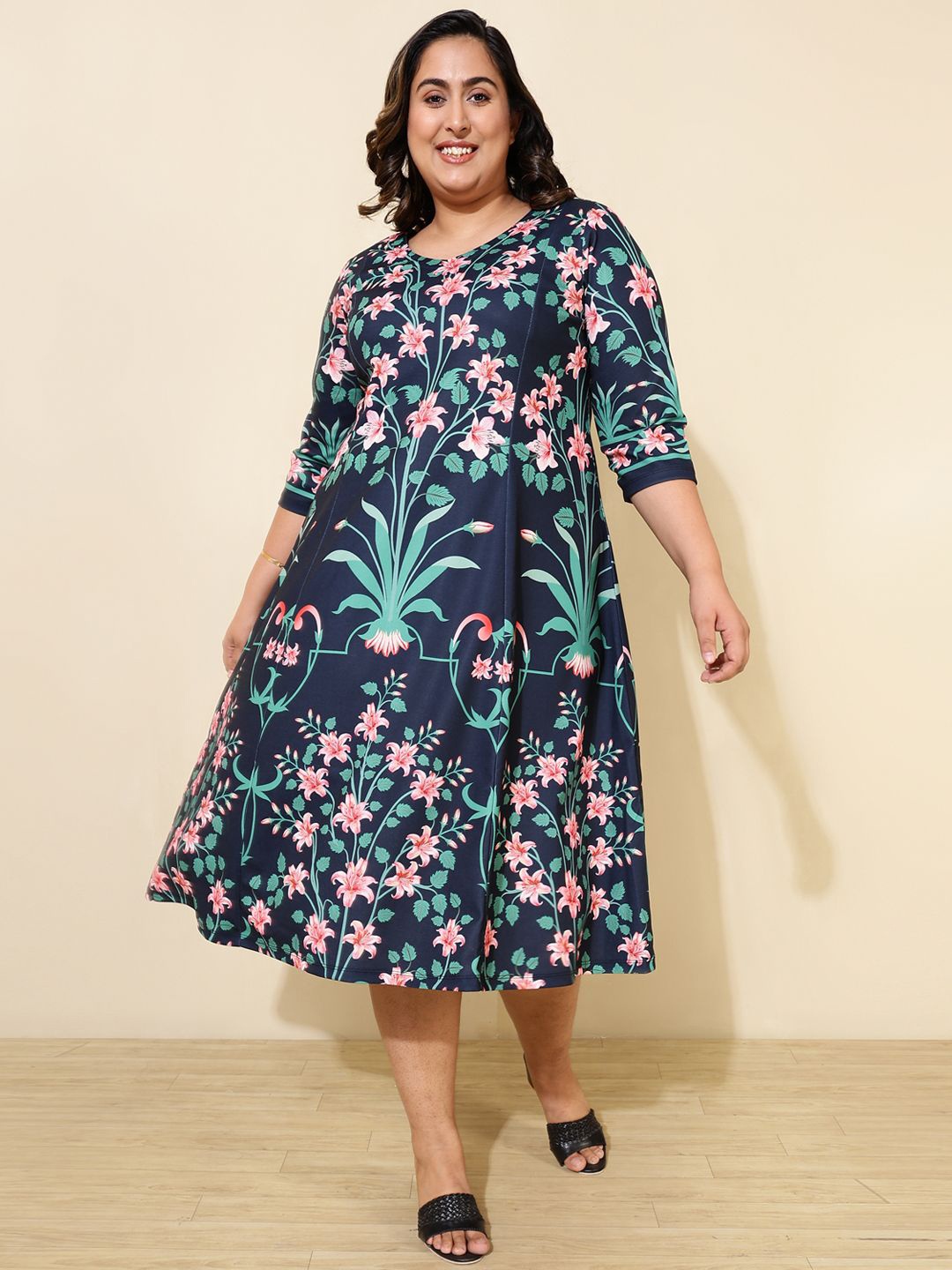 

Amydus Plus Size Floral Printed A-Line Midi Dress, Blue