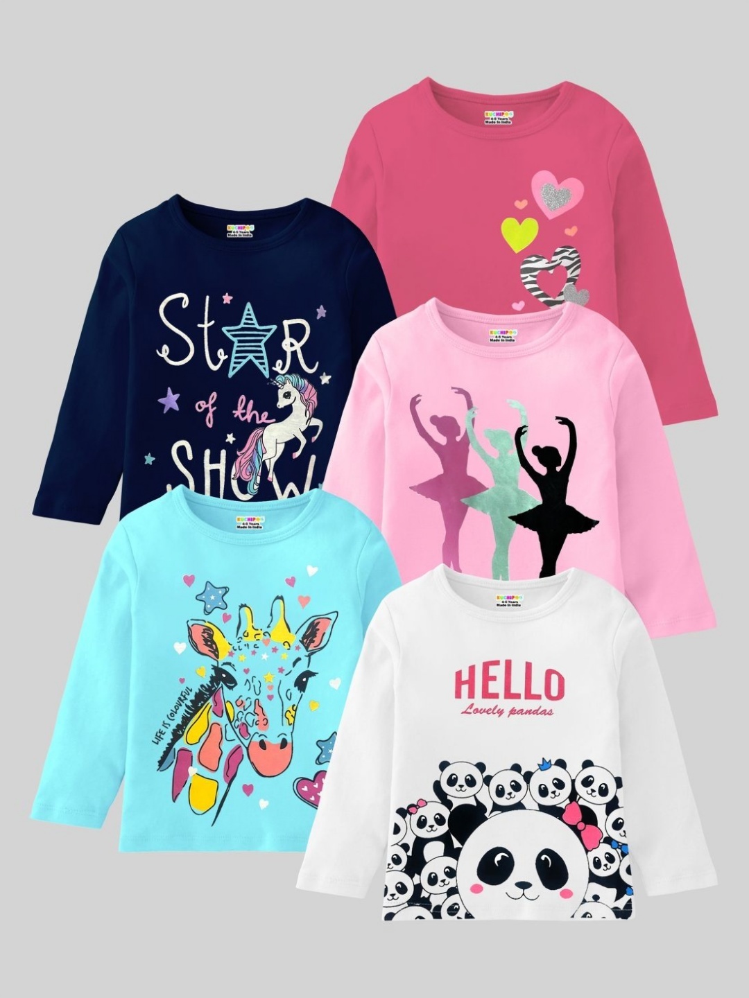 

KUCHIPOO Girls Pack Of 5 Printed Regular Fit T-shirt, White
